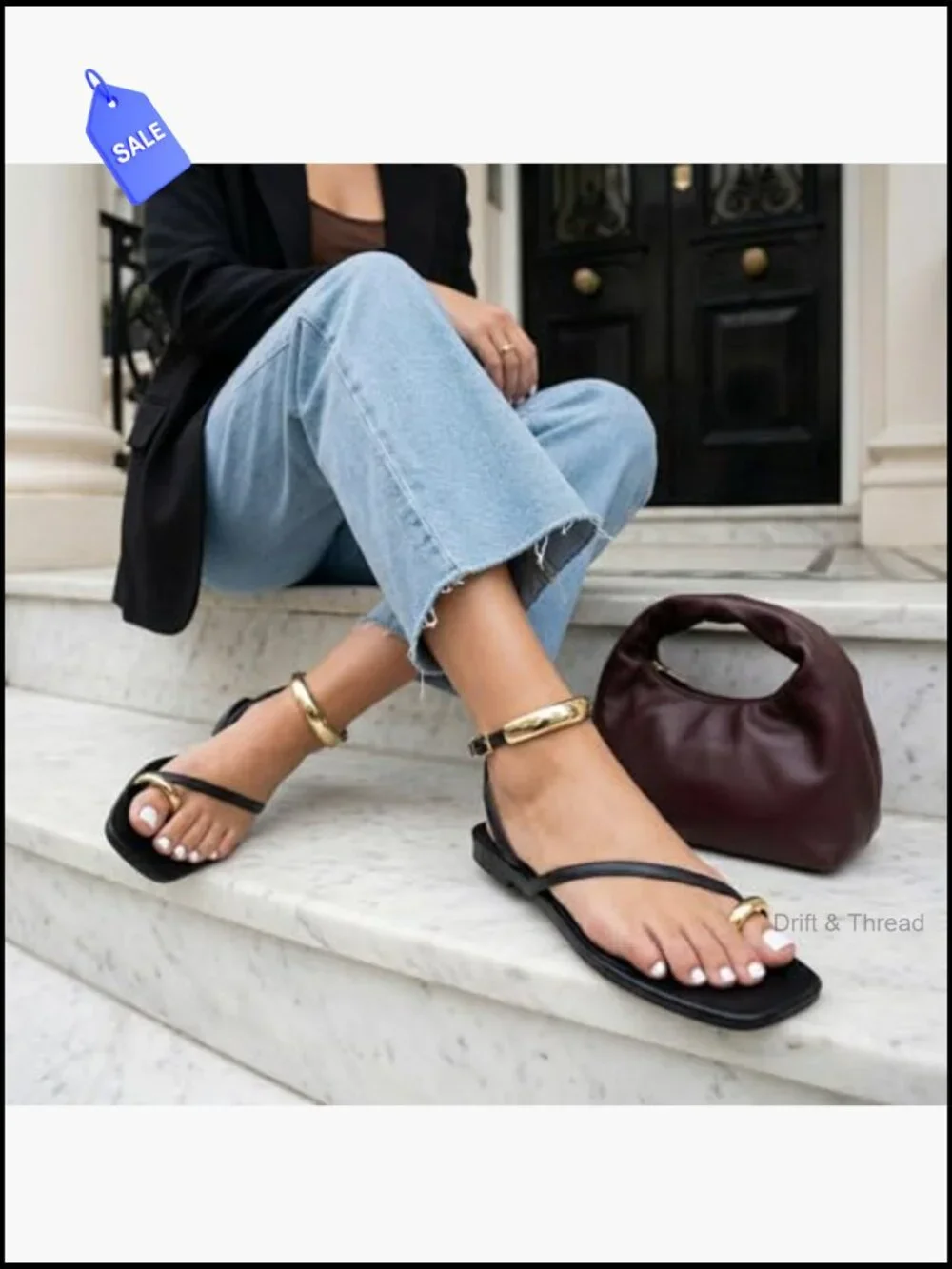 Flat Sandals with Gold Ankle Cuff Toe Ring Vegan Leather
